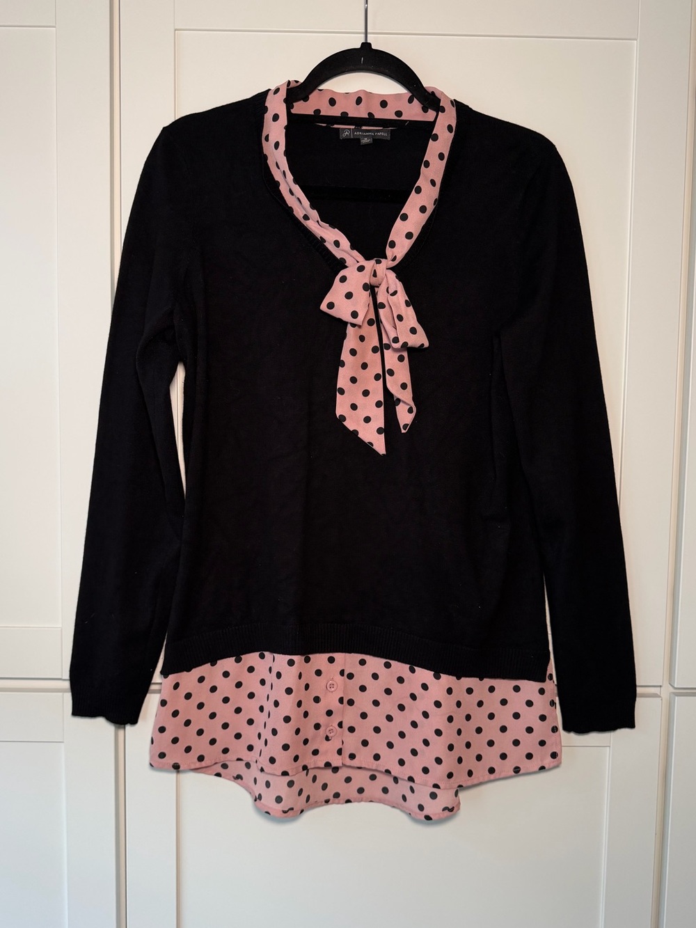 Adrianna Papell Polka Dot Pink Preppy Sweater Top Office Twee Bow Coquette